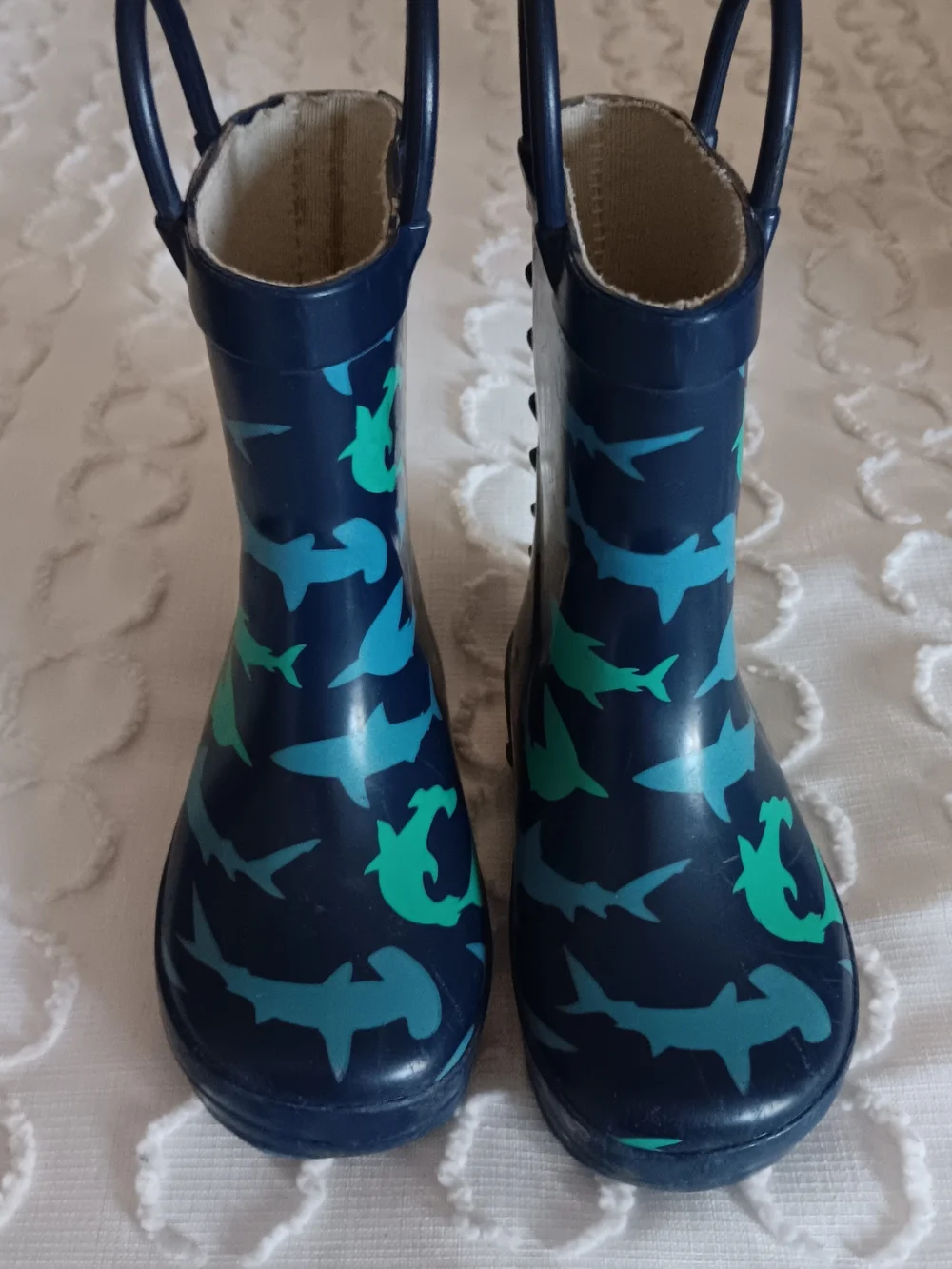 Kids Navy Shark Print Rain Boots with Handles